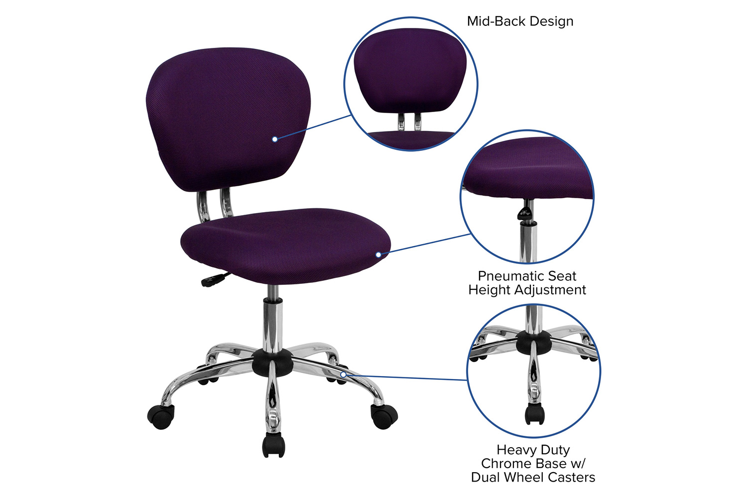 BLNK Beverly Mid-Back Mesh Padded Swivel Task Office Chair with Chrome Base - Purple