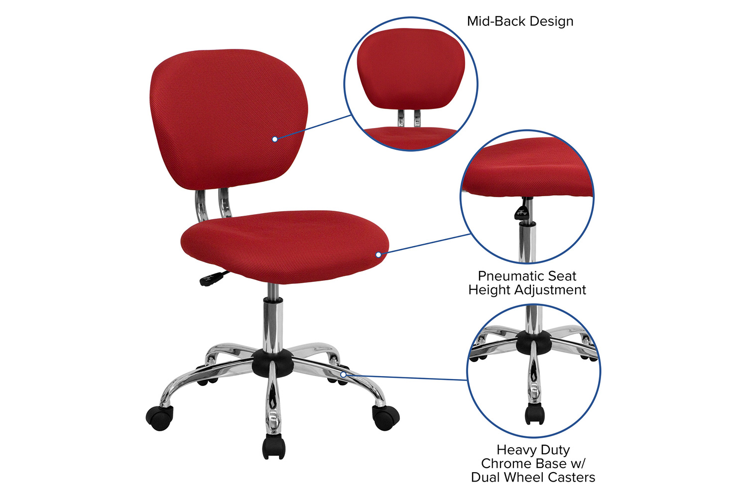 BLNK Beverly Mid-Back Mesh Padded Swivel Task Office Chair with Chrome Base - Red