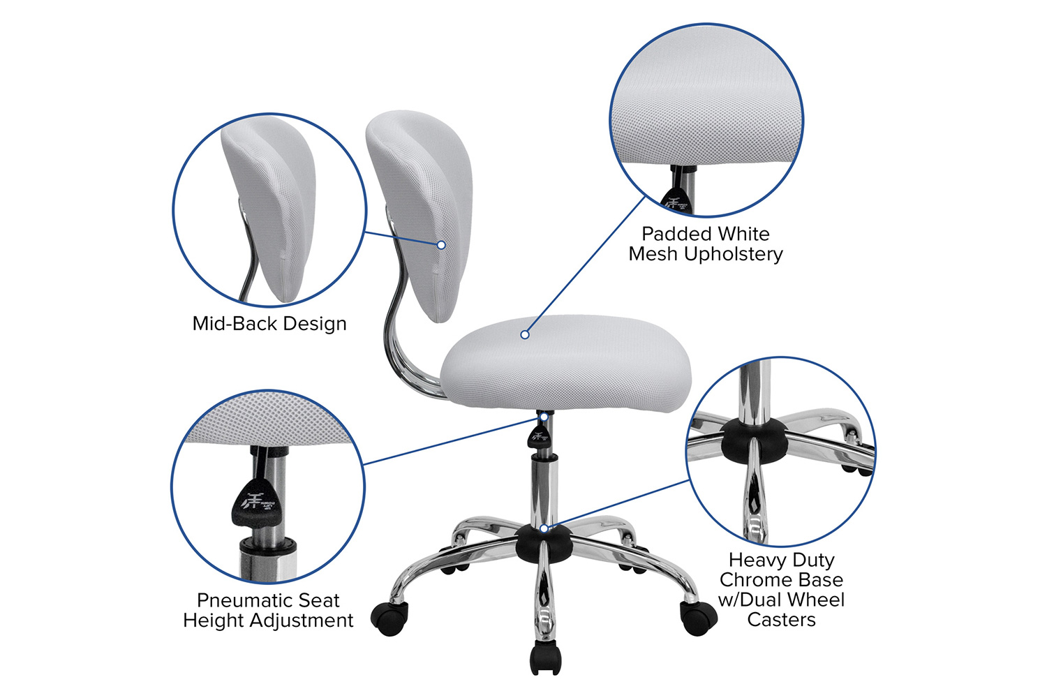 BLNK Beverly Mid-Back Mesh Padded Swivel Task Office Chair with Chrome Base - White