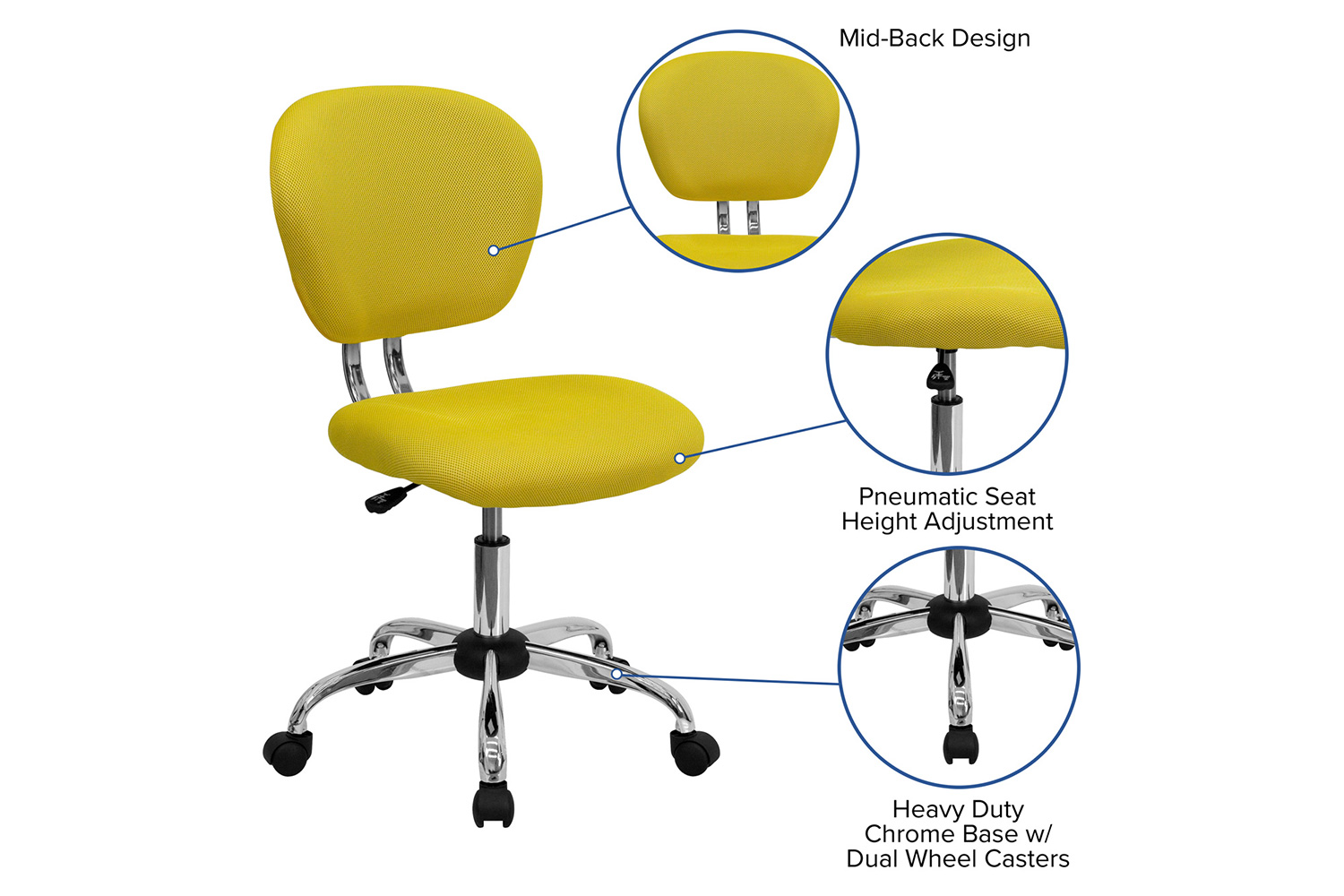 BLNK Beverly Mid-Back Mesh Padded Swivel Task Office Chair with Chrome Base - Yellow