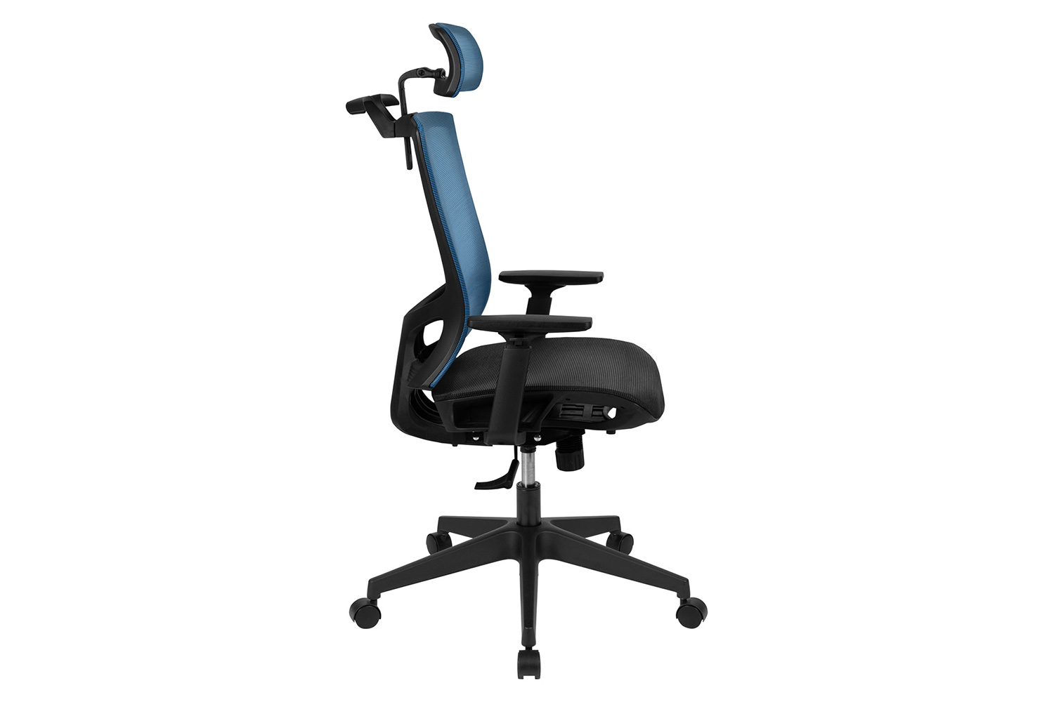 BLNK Layla Ergonomic Mesh Office Chair with Synchro-Tilt, Pivot Adjustable Headrest, Lumbar Support, Coat Hanger and Adjustable Arms - Blue/Black