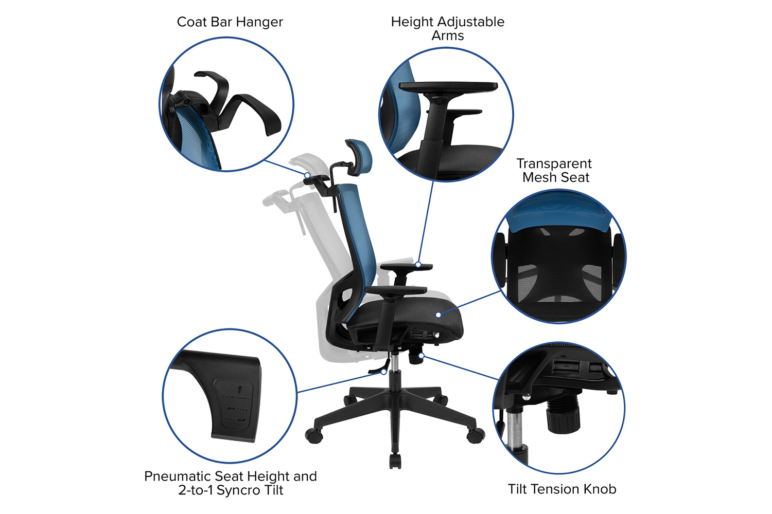 BLNK Layla Ergonomic Mesh Office Chair with Synchro-Tilt, Pivot Adjustable Headrest, Lumbar Support, Coat Hanger and Adjustable Arms - Blue/Black