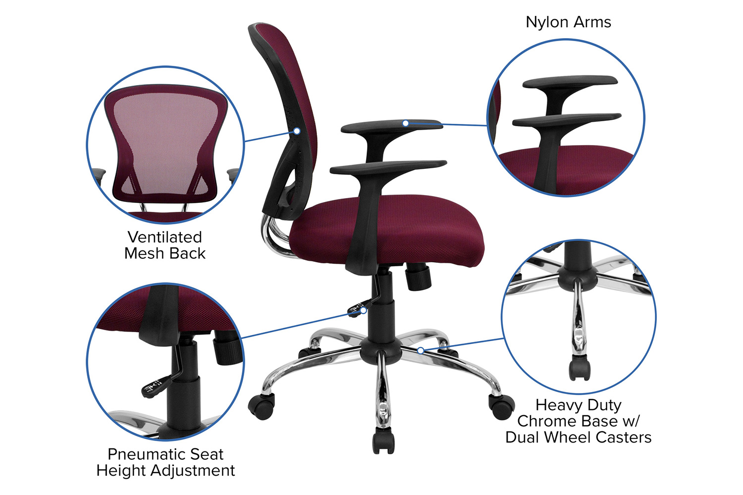 BLNK Alfred Mid-Back Mesh Swivel Task Office Chair with Chrome Base and Arms - Burgundy