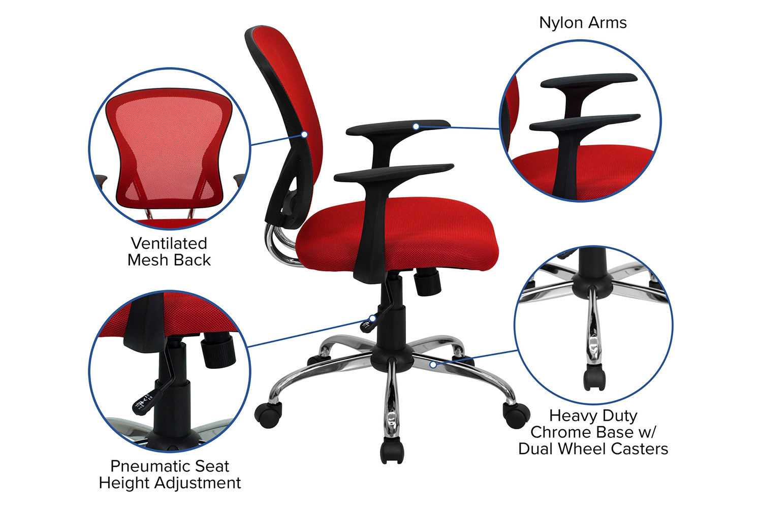 BLNK Alfred Mid-Back Mesh Swivel Task Office Chair with Chrome Base and Arms - Red