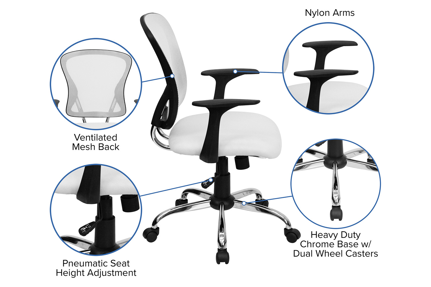 BLNK Alfred Mid-Back Mesh Swivel Task Office Chair with Chrome Base and Arms - White