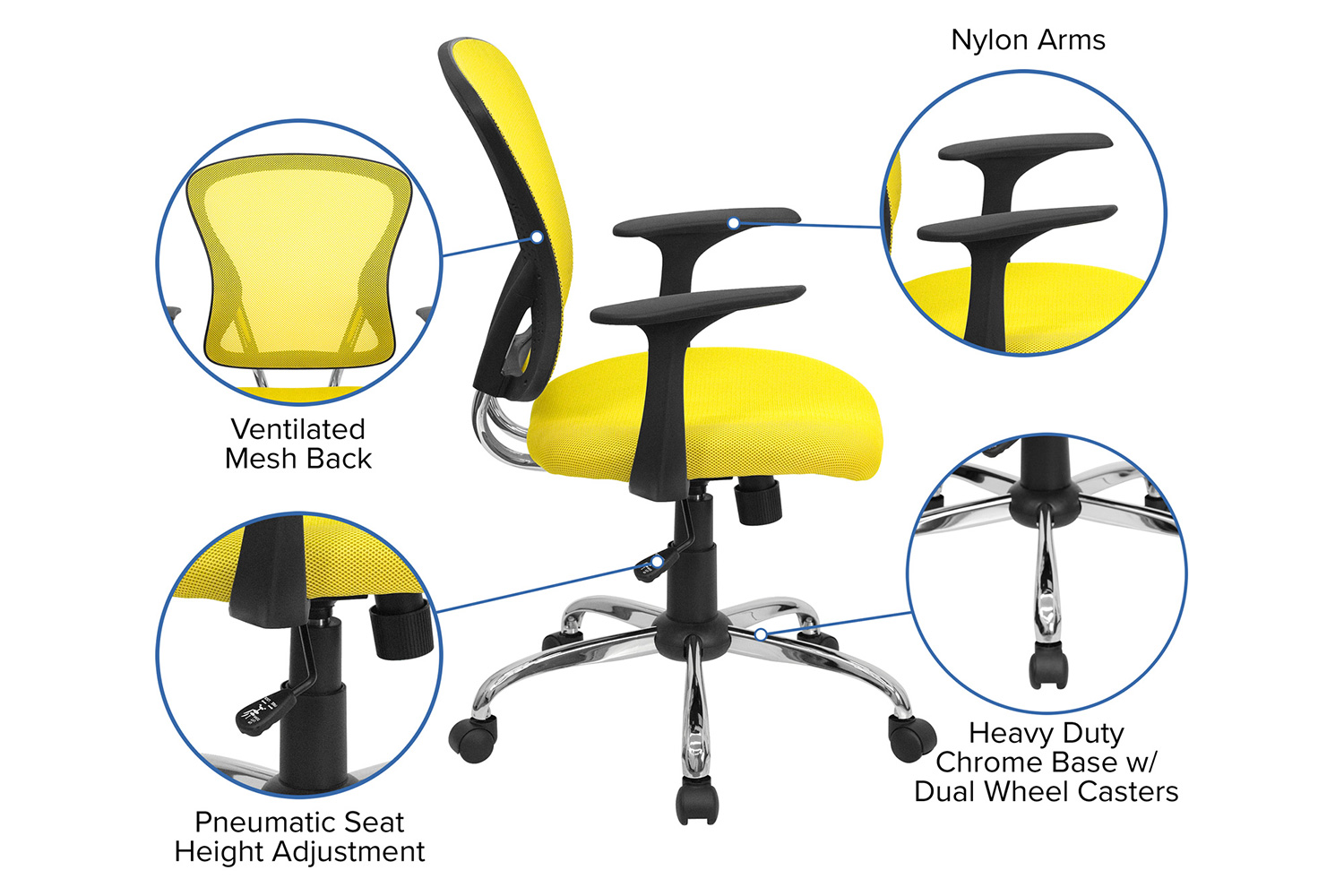 BLNK Alfred Mid-Back Mesh Swivel Task Office Chair with Chrome Base and Arms - Yellow