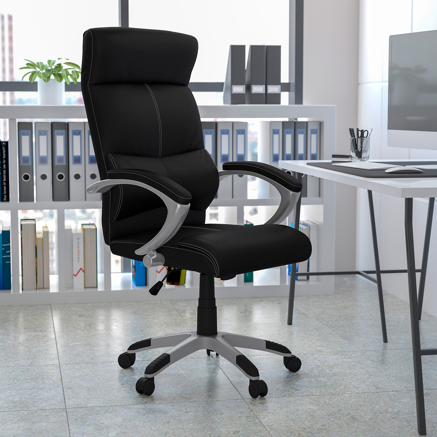 BLNK - Karen LeatherSoft High-Back Executive Swivel Office Chair with Curved Headrest and White Line Stitching