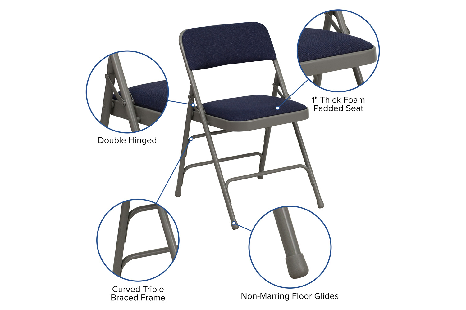 BLNK™ HERCULES Series Fabric Curved Triple Braced and Double Hinged Metal Folding Chair - Navy