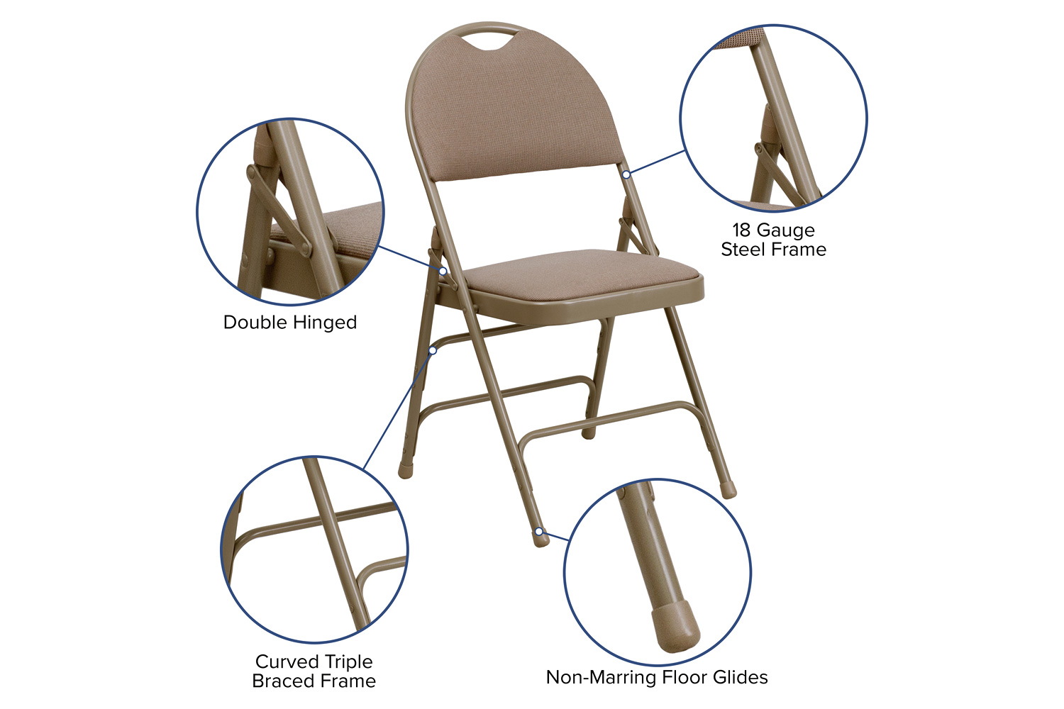 BLNK HERCULES Series Fabric Ultra-Premium Triple Braced Metal Folding Chair with Easy-Carry Handle - Beige