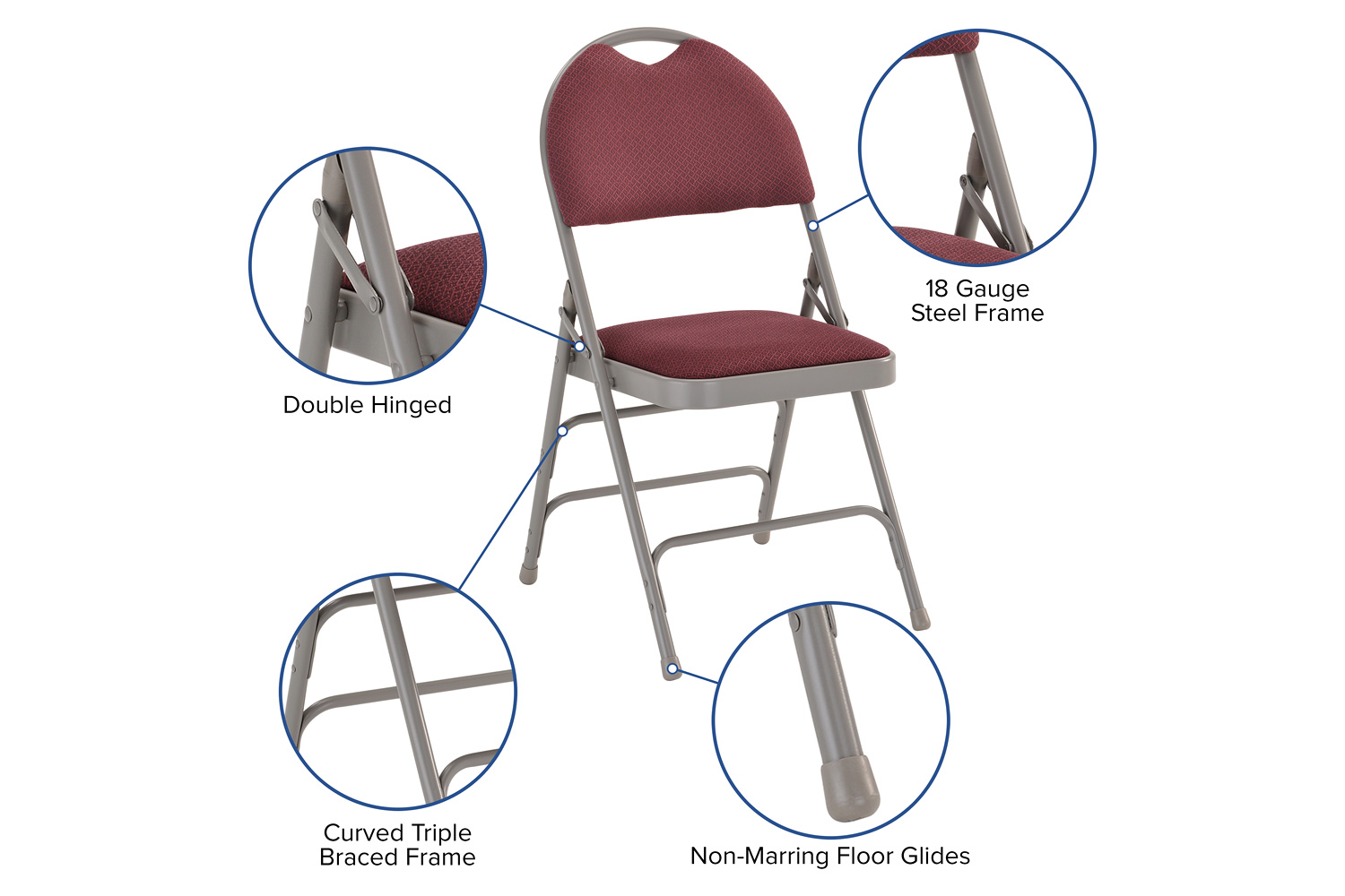 BLNK HERCULES Series Fabric Ultra-Premium Triple Braced Metal Folding Chair with Easy-Carry Handle - Burgundy