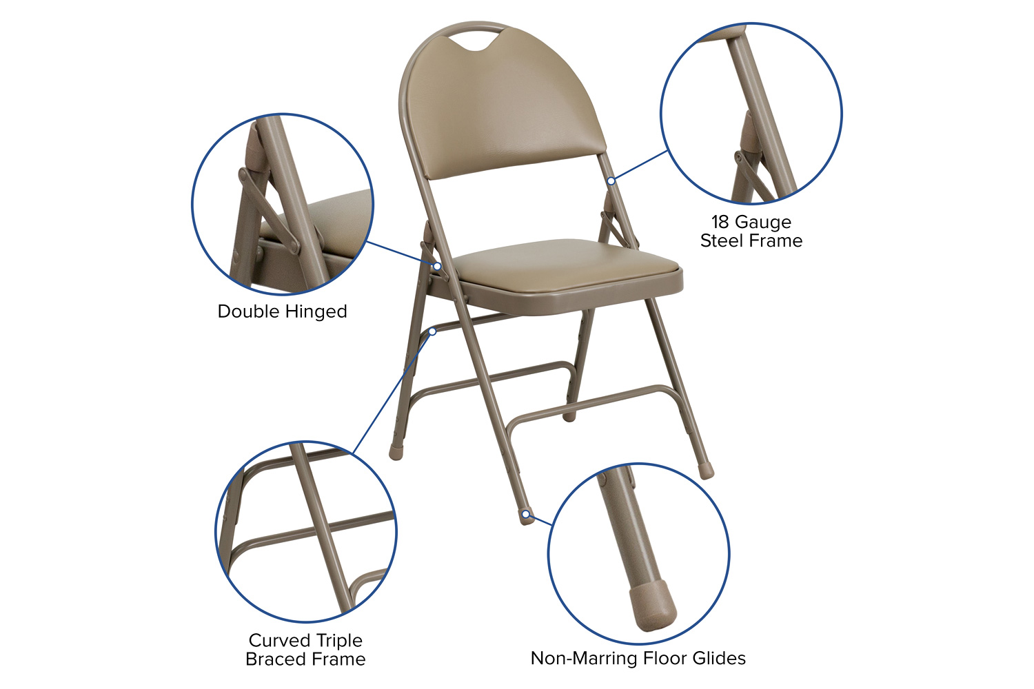 BLNK™ HERCULES Series Vinyl Ultra-Premium Triple Braced Metal Folding Chair with Easy-Carry Handle - Beige