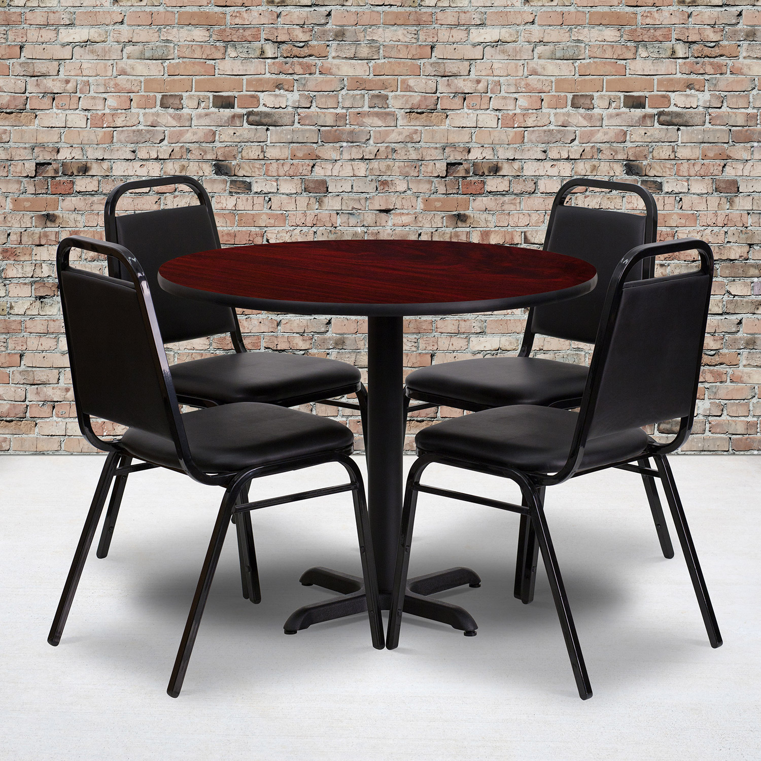 BLNK Carlton Round Laminate Table Set with X-Base and 4 Black Trapezoidal Back Banquet Chairs