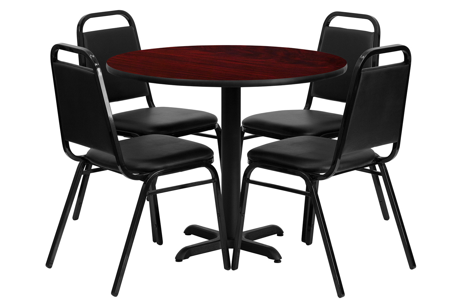 BLNK Carlton Round Laminate Table Set with X-Base and 4 Black Trapezoidal Back Banquet Chairs - Mahogany