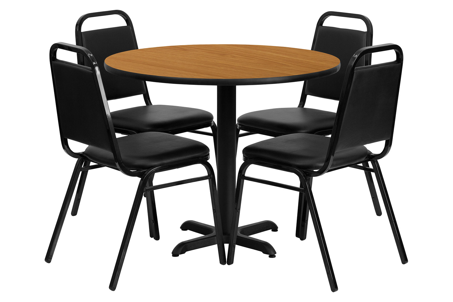 BLNK Carlton Round Laminate Table Set with X-Base and 4 Black Trapezoidal Back Banquet Chairs