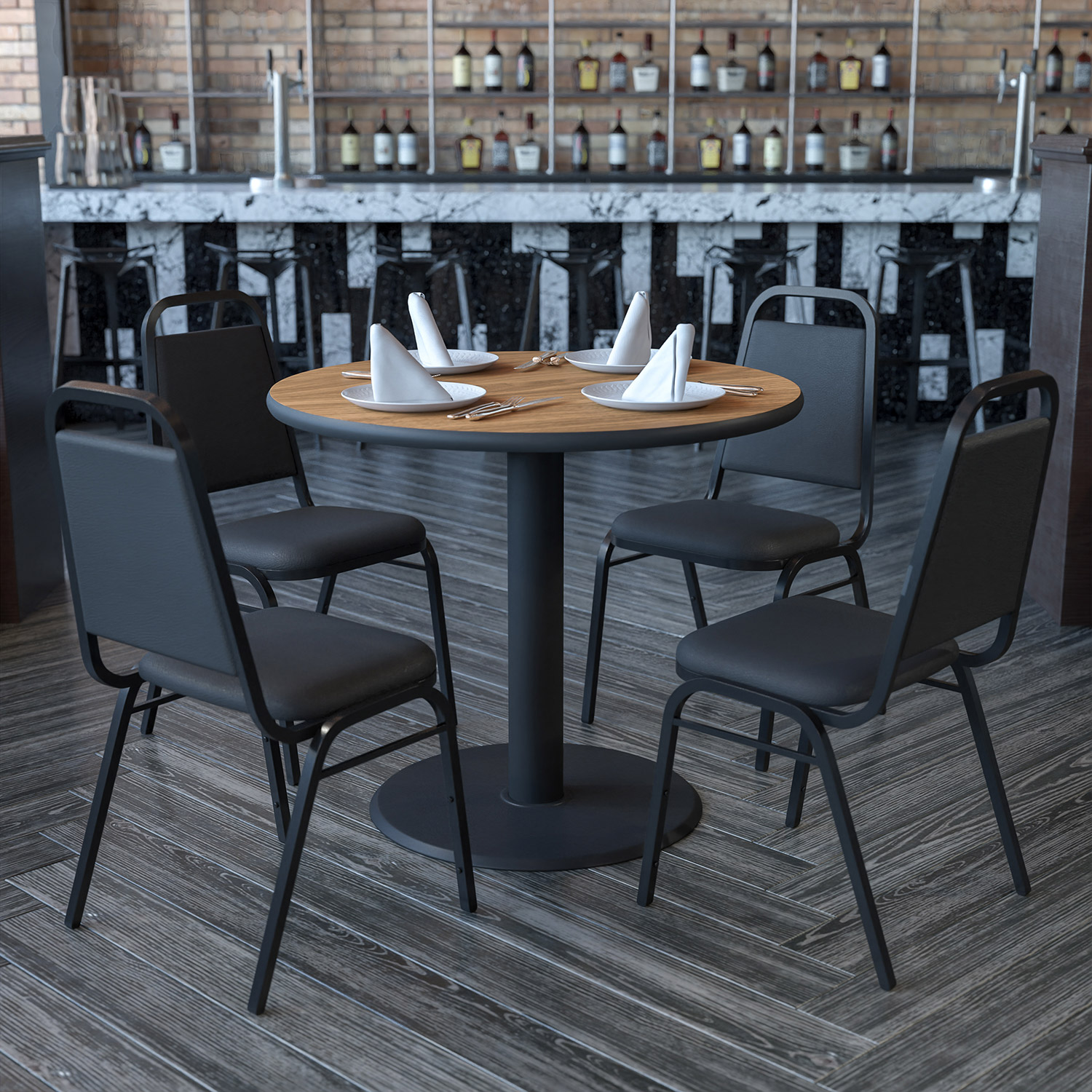 BLNK Carlton Round Laminate Table Set with X-Base and 4 Black Trapezoidal Back Banquet Chairs