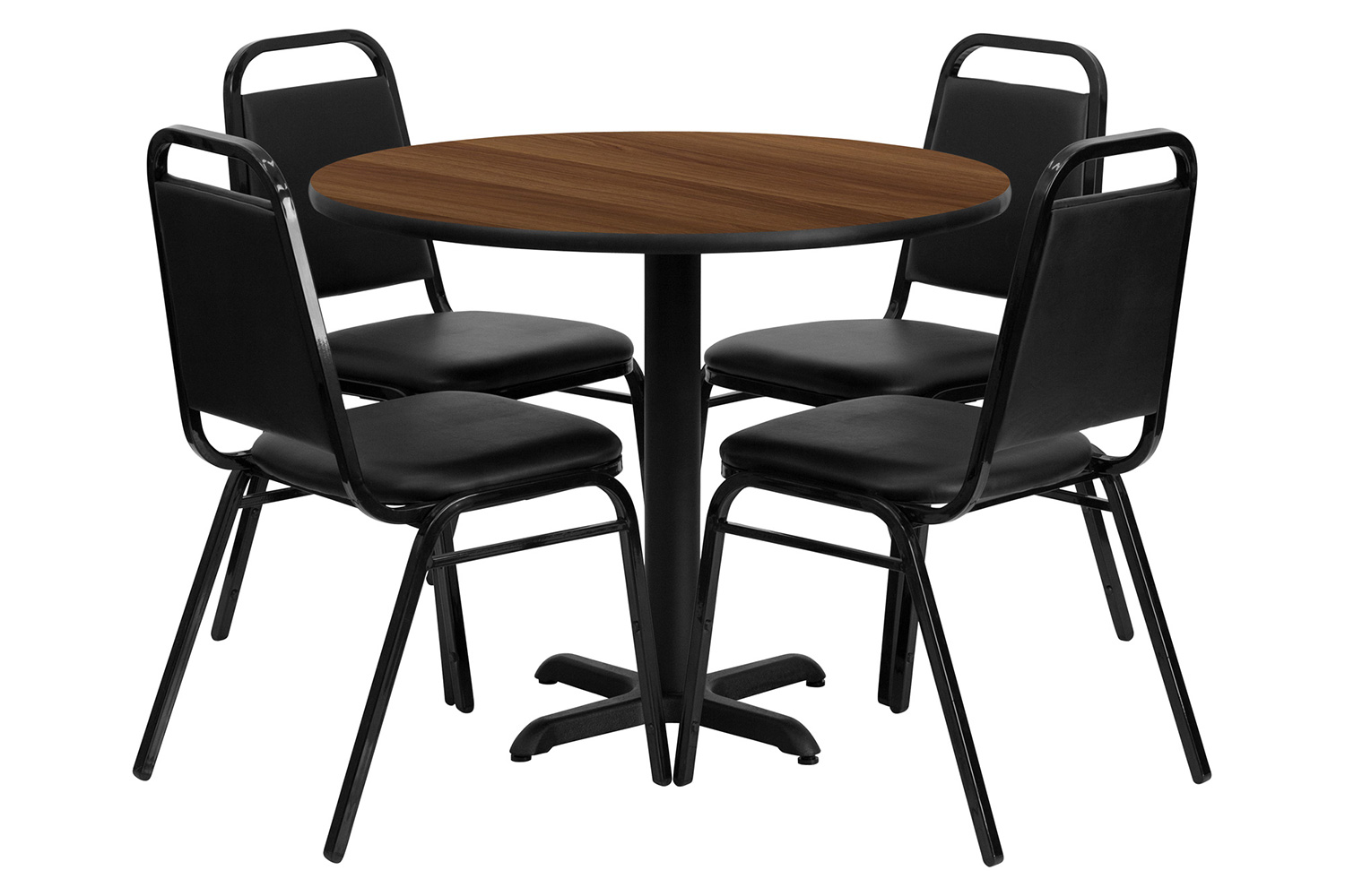 BLNK Carlton Round Laminate Table Set with X-Base and 4 Black Trapezoidal Back Banquet Chairs - Walnut