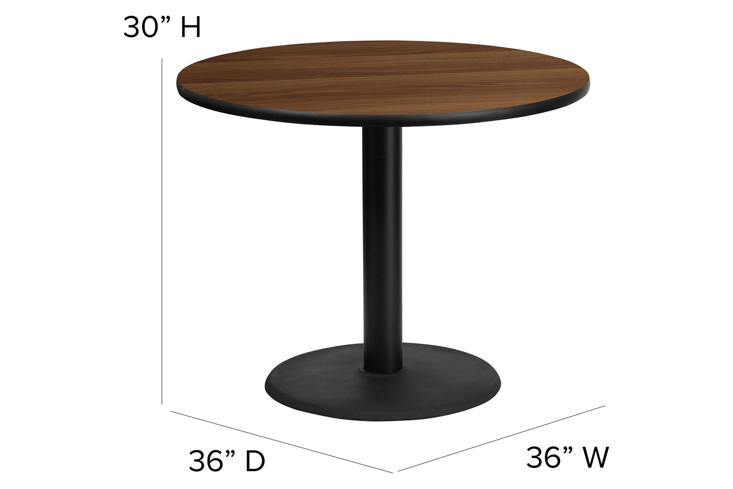 BLNK Carlton Round Laminate Table Set with X-Base and 4 Black Trapezoidal Back Banquet Chairs - Walnut