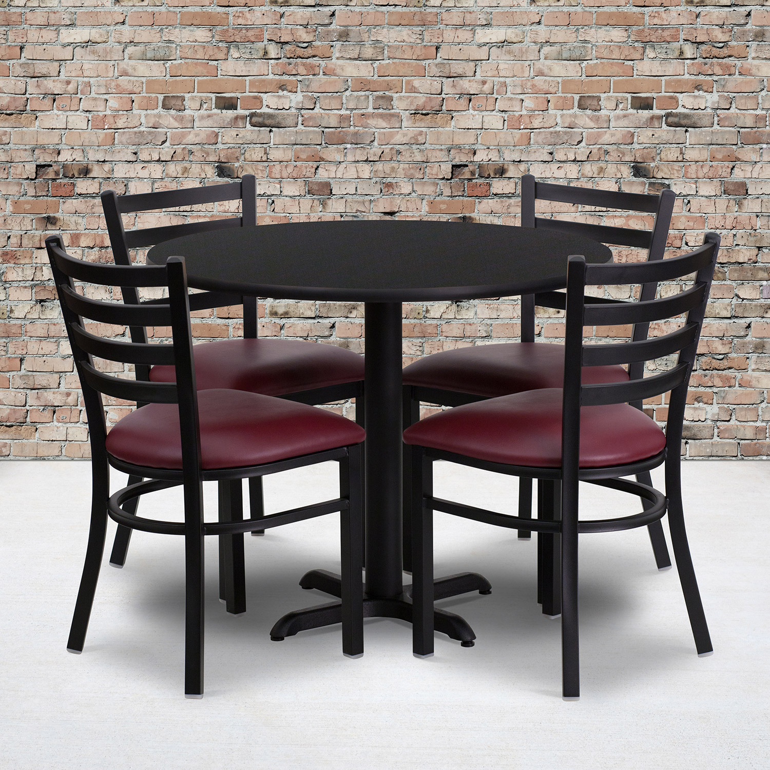 BLNK Carlton Round Black Laminate Table Set with X-Base and 4 Ladder Back Metal Chairs with Vinyl Seat