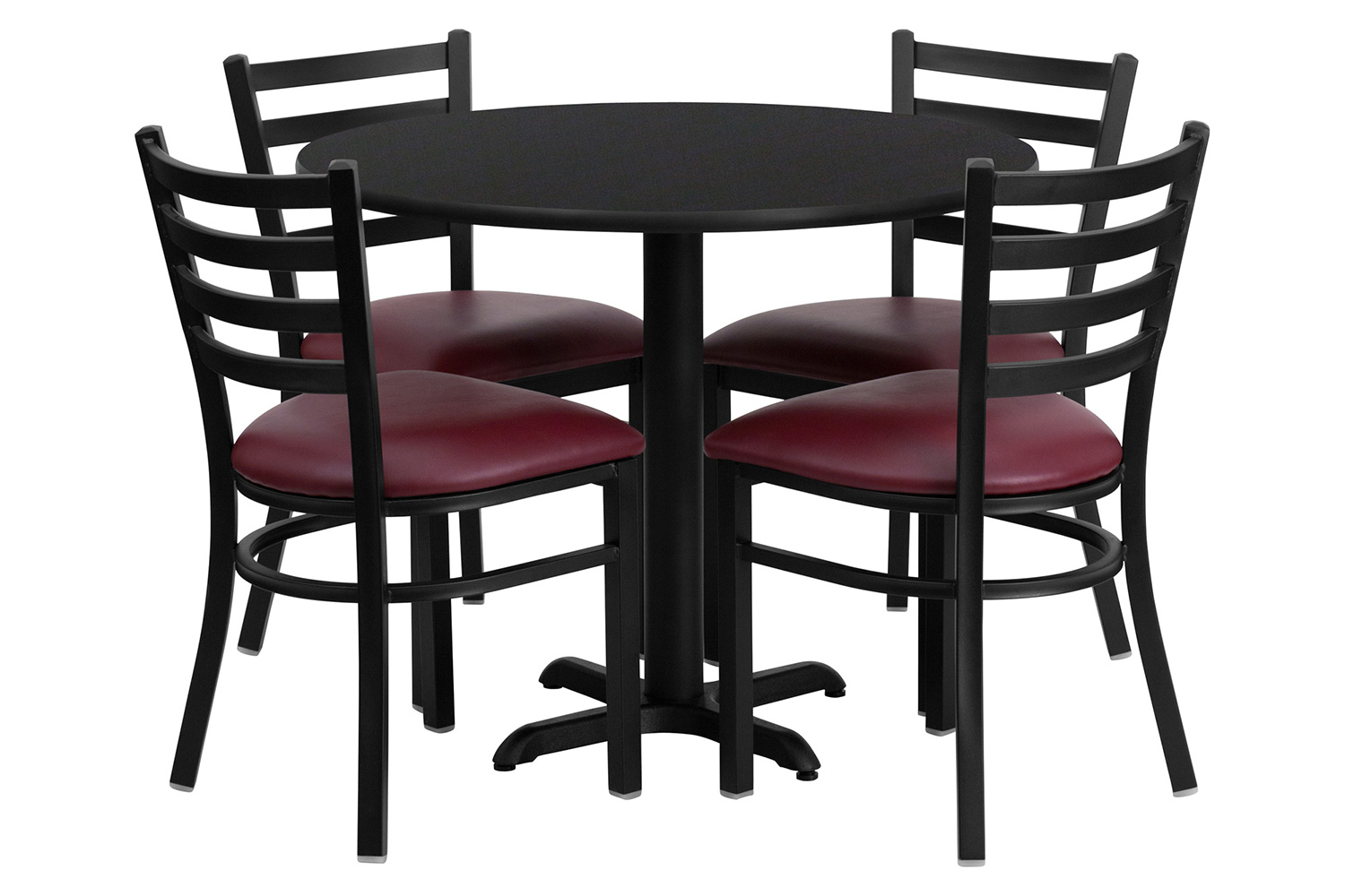 BLNK Carlton Round Black Laminate Table Set with X-Base and 4 Ladder Back Metal Chairs with Vinyl Seat - Burgundy