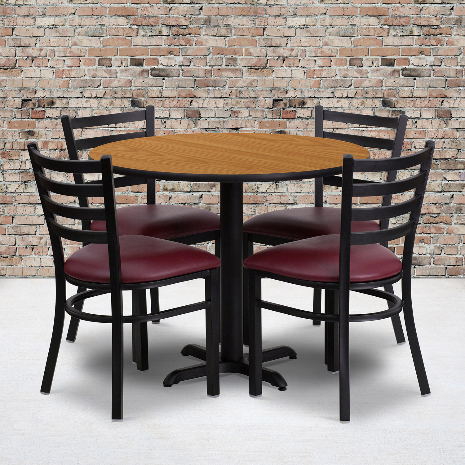 BLNK Carlton Round Natural Laminate Table Set with X-Base and 4 Ladder Back Metal Chairs with Vinyl Seat