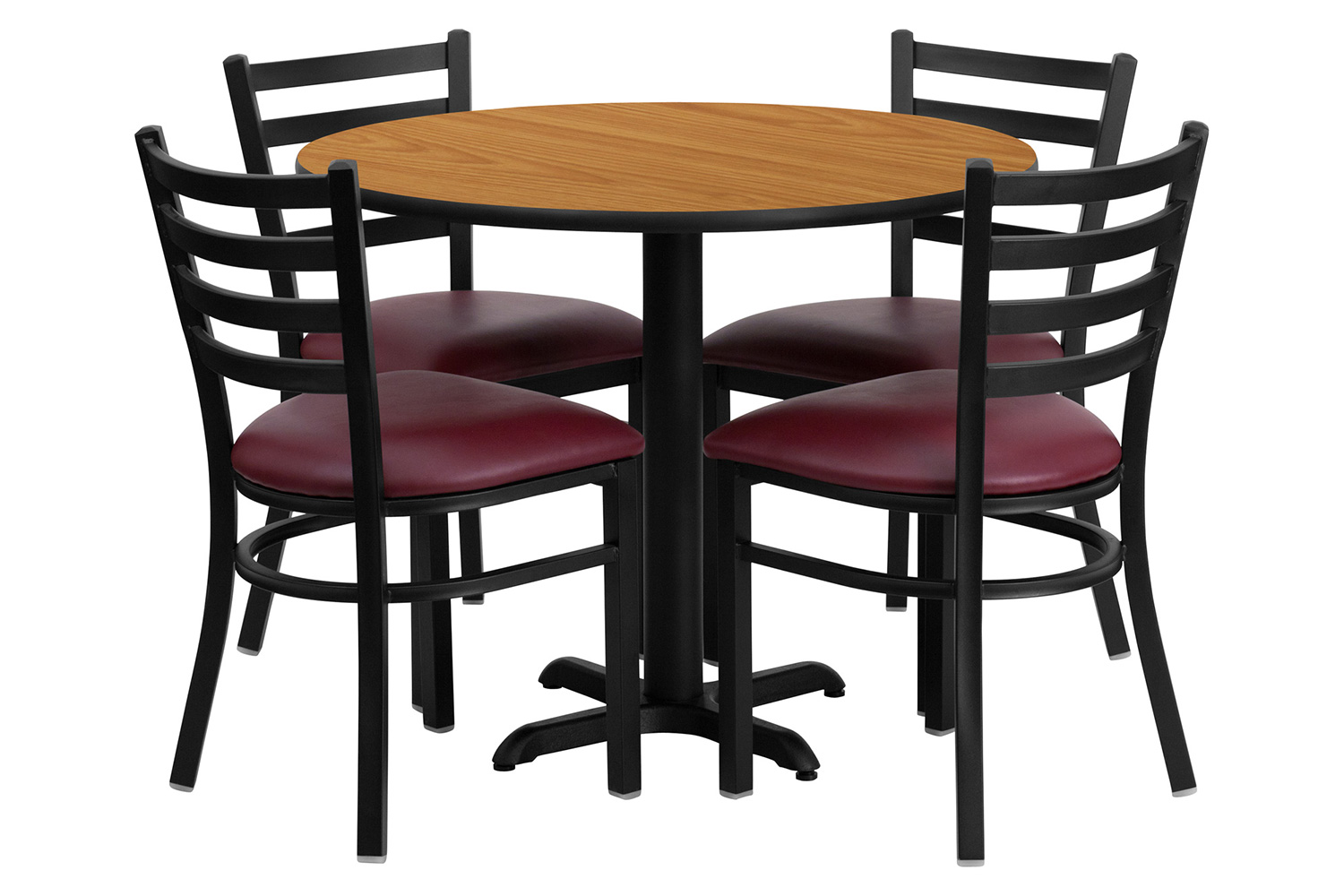 BLNK Carlton Round Natural Laminate Table Set with X-Base and 4 Ladder Back Metal Chairs with Vinyl Seat - Burgundy