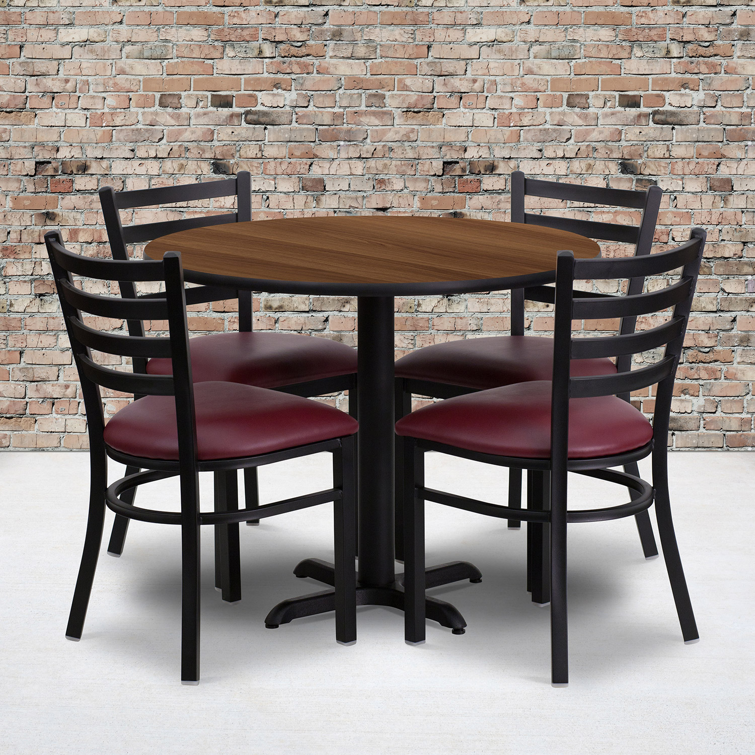 BLNK Carlton Round Walnut Laminate Table Set with X-Base and 4 Ladder Back Metal Chairs with Vinyl Seat