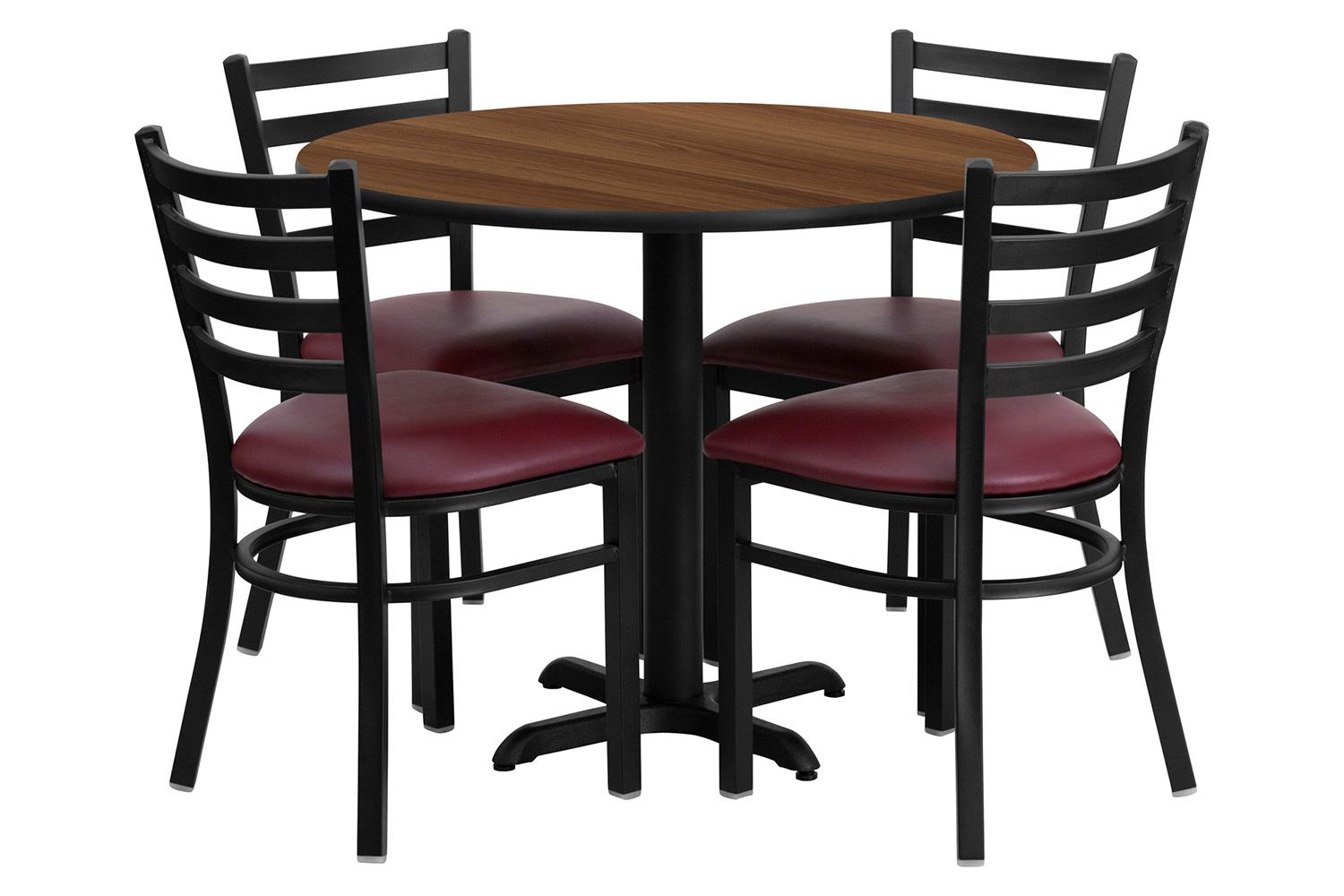 BLNK Carlton Round Walnut Laminate Table Set with X-Base and 4 Ladder Back Metal Chairs with Vinyl Seat - Burgundy