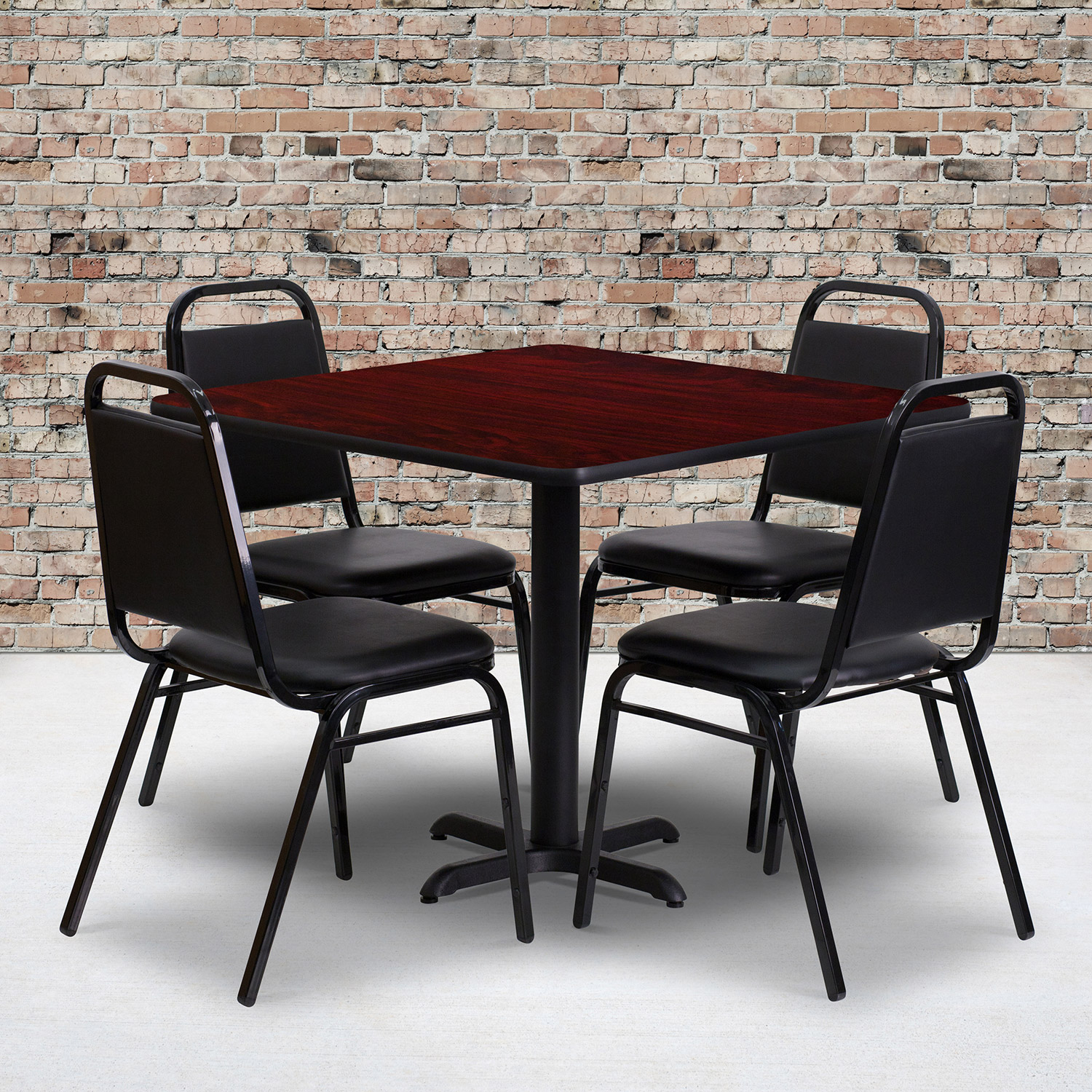 BLNK Carlton Square Laminate Table Set with X-Base and 4 Black Trapezoidal Back Banquet Chairs