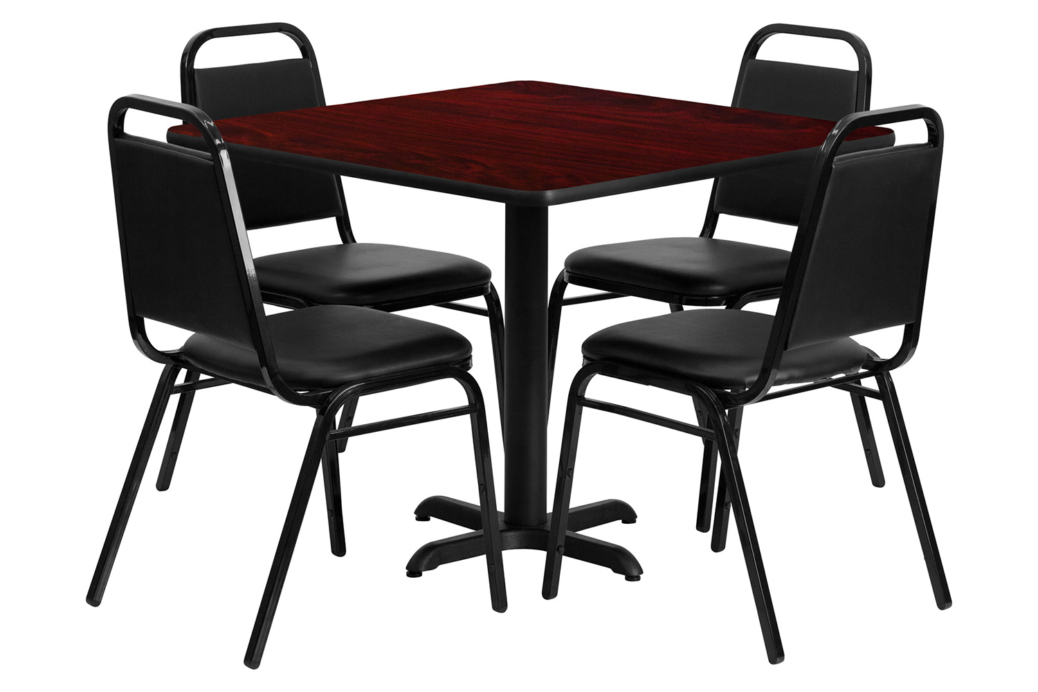 BLNK Carlton Square Laminate Table Set with X-Base and 4 Black Trapezoidal Back Banquet Chairs - Mahogany