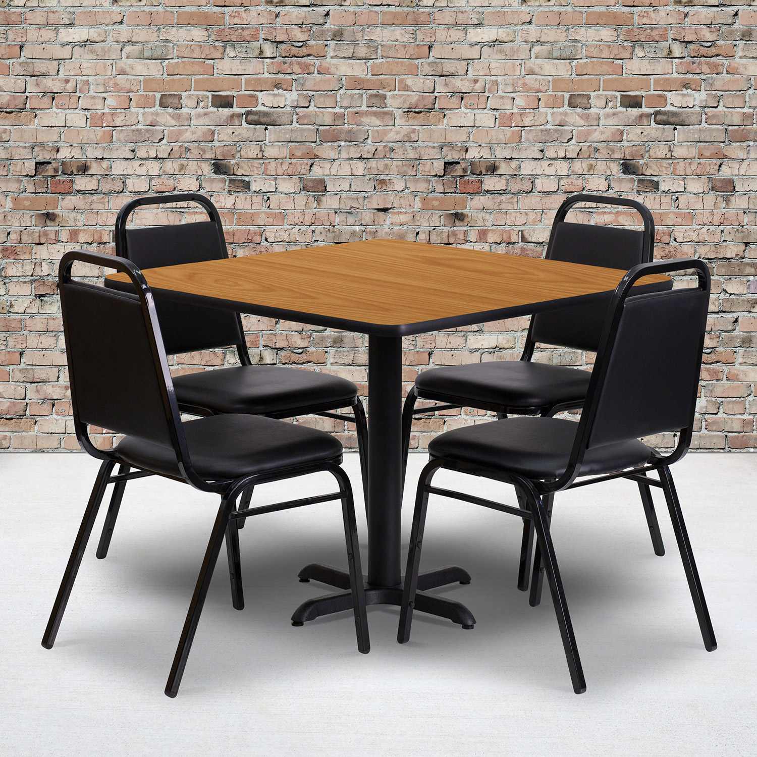 BLNK Carlton Square Laminate Table Set with X-Base and 4 Black Trapezoidal Back Banquet Chairs