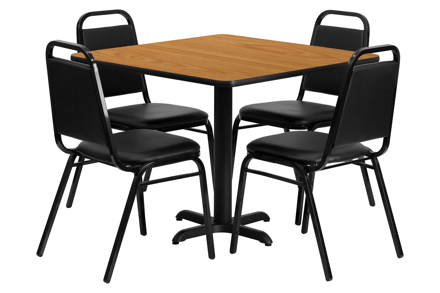 BLNK Carlton Square Laminate Table Set with X-Base and 4 Black Trapezoidal Back Banquet Chairs - Natural