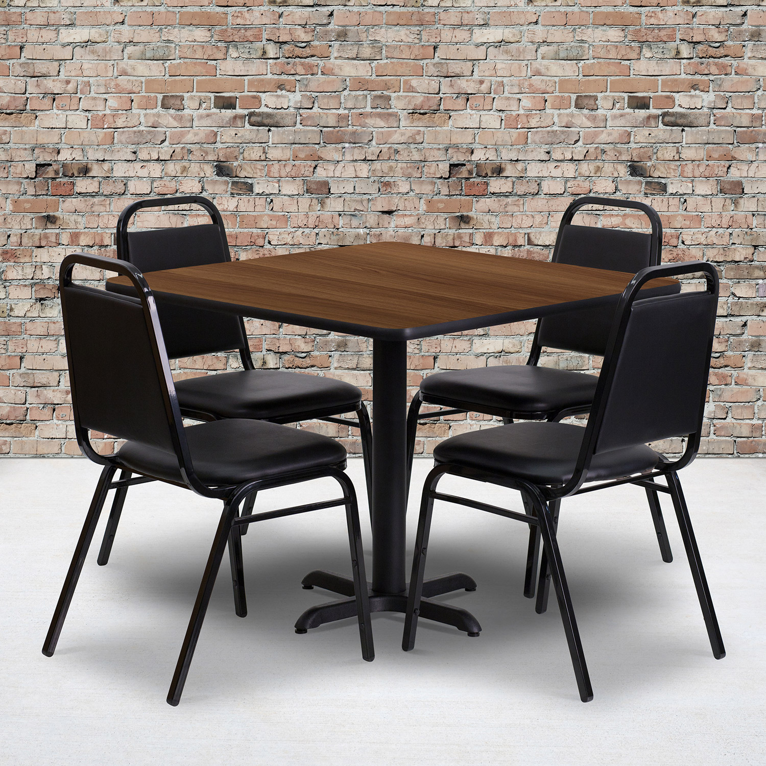 BLNK Carlton Square Laminate Table Set with X-Base and 4 Black Trapezoidal Back Banquet Chairs