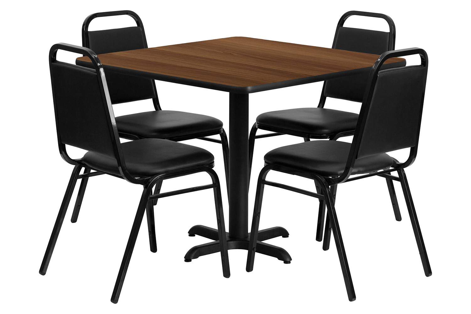 BLNK Carlton Square Laminate Table Set with X-Base and 4 Black Trapezoidal Back Banquet Chairs - Walnut