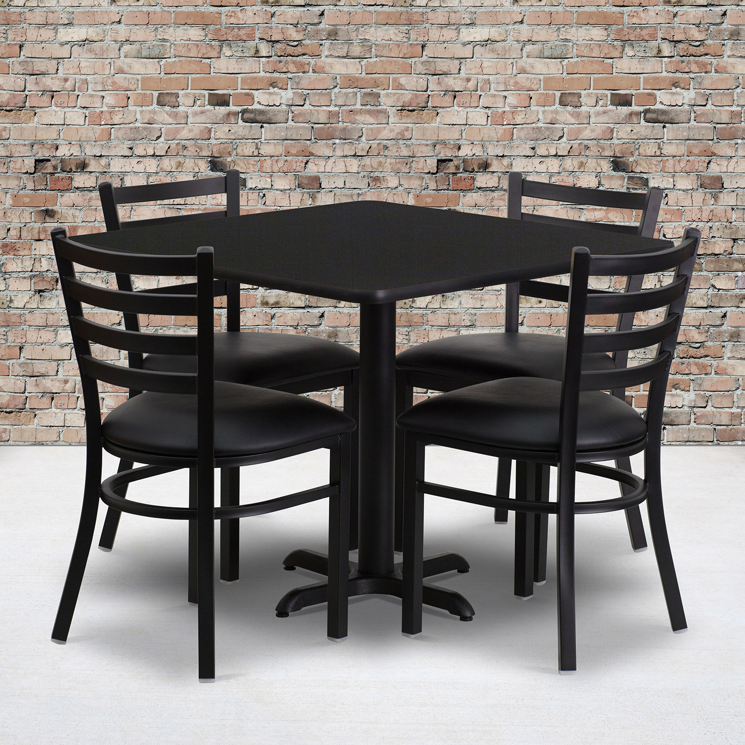 BLNK Carlton Square Laminate Table Set with X-Base and 4 Ladder Back Metal Chairs with Black Vinyl Seat