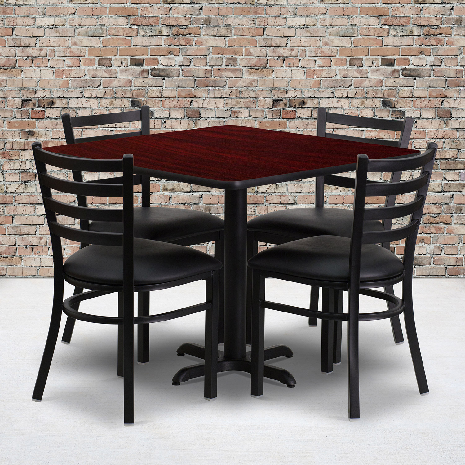 BLNK Carlton Square Laminate Table Set with X-Base and 4 Ladder Back Metal Chairs with Black Vinyl Seat