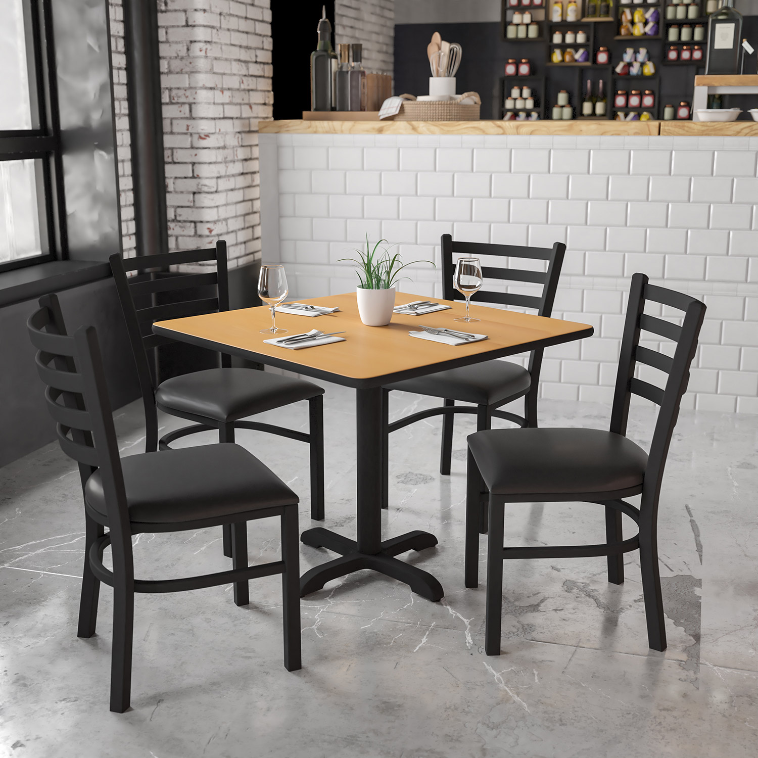 BLNK Carlton Square Laminate Table Set with X-Base and 4 Ladder Back Metal Chairs with Black Vinyl Seat