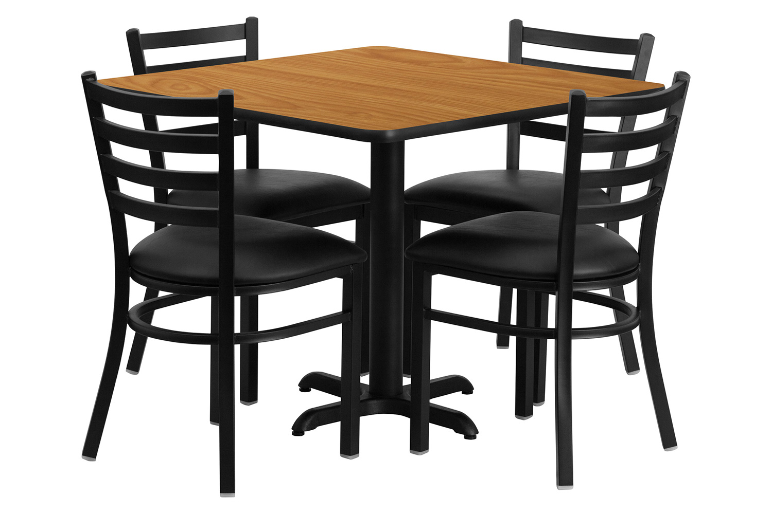 BLNK Carlton Square Laminate Table Set with X-Base and 4 Ladder Back Metal Chairs with Black Vinyl Seat - Natural