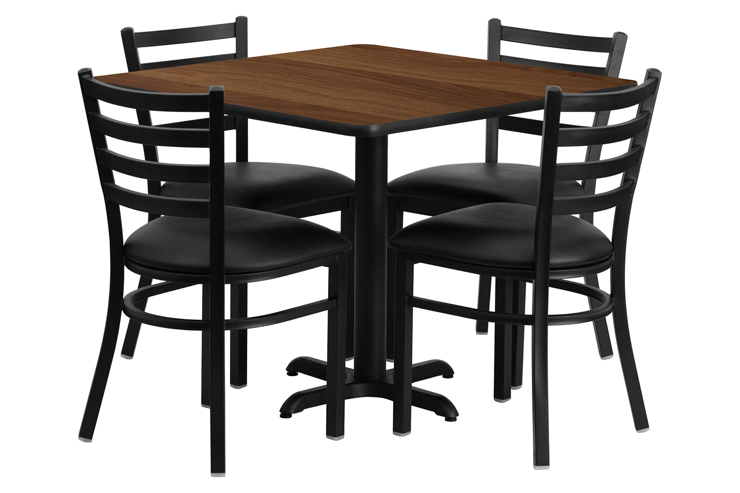 BLNK Carlton Square Laminate Table Set with X-Base and 4 Ladder Back Metal Chairs with Black Vinyl Seat