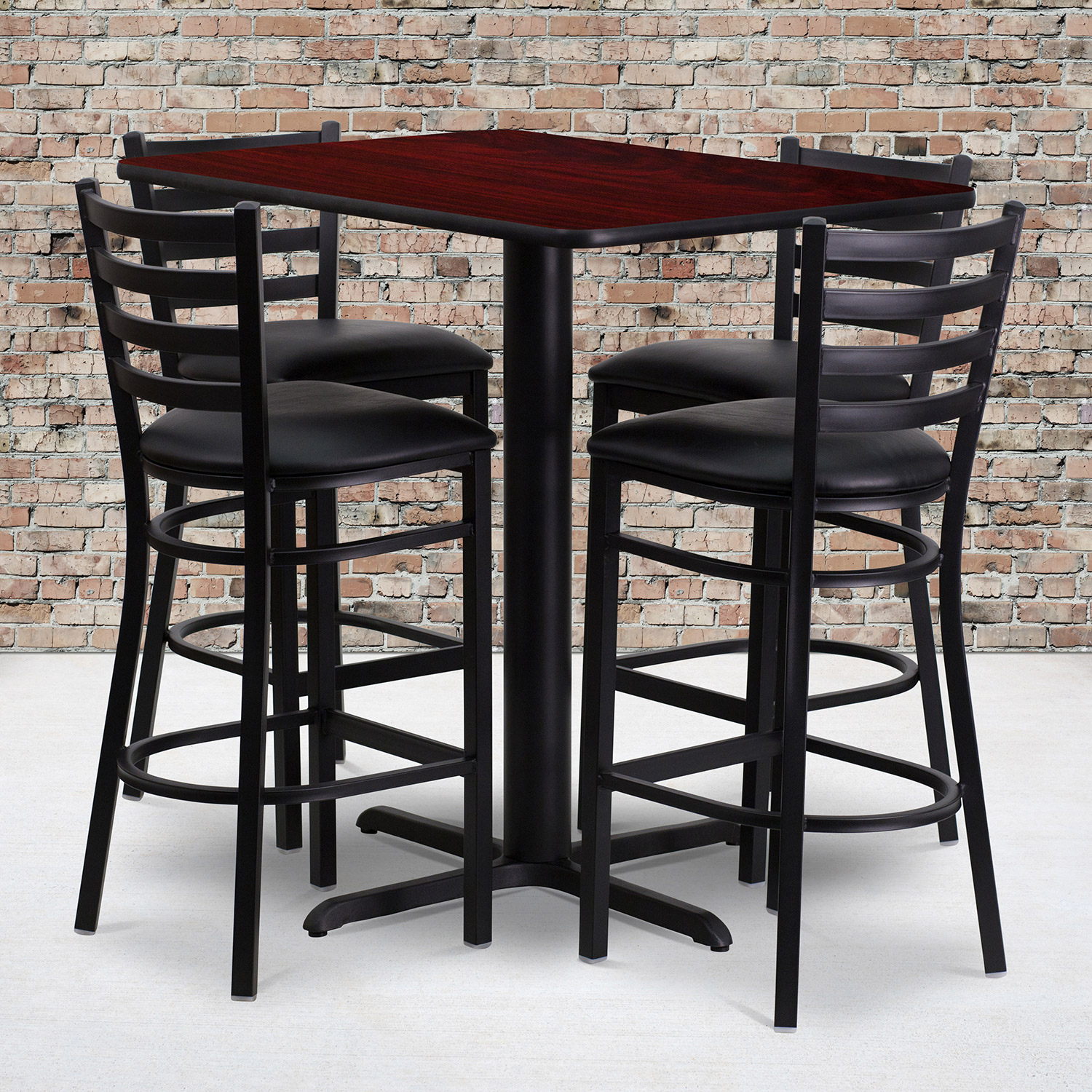 BLNK Carlton Rectangular Laminate Table Set with 4 Ladder Back Metal Bar Stools with Black Vinyl Seat