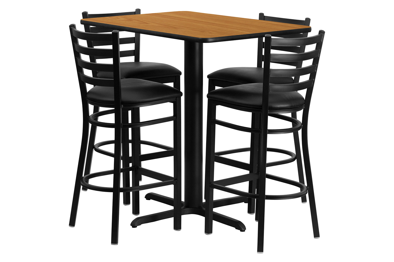 BLNK Carlton Rectangular Laminate Table Set with 4 Ladder Back Metal Bar Stools with Black Vinyl Seat - Natural