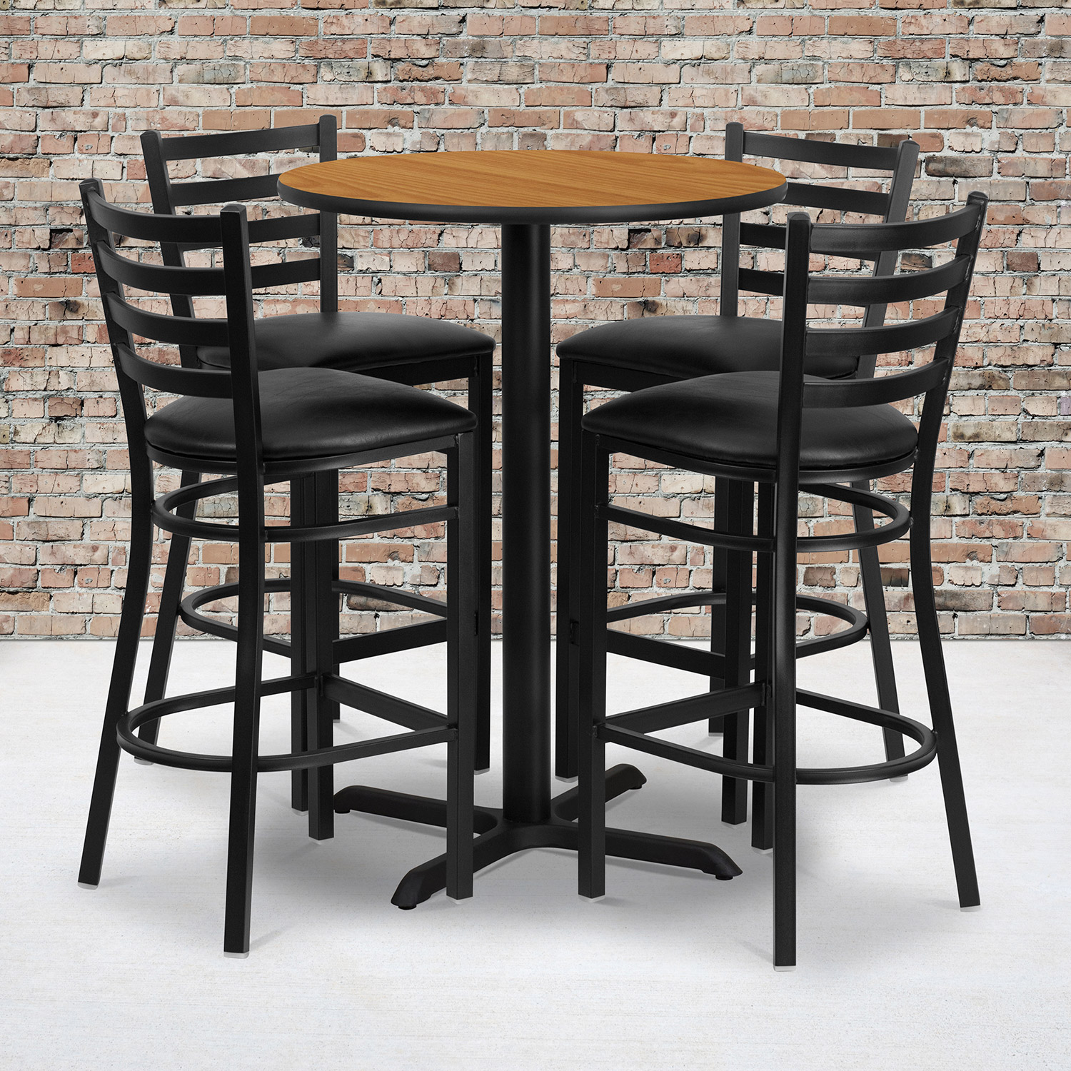 BLNK Carlton Round Laminate Table Set with X-Base and 4 Ladder Back Metal Bar Stools with Black Vinyl Seat