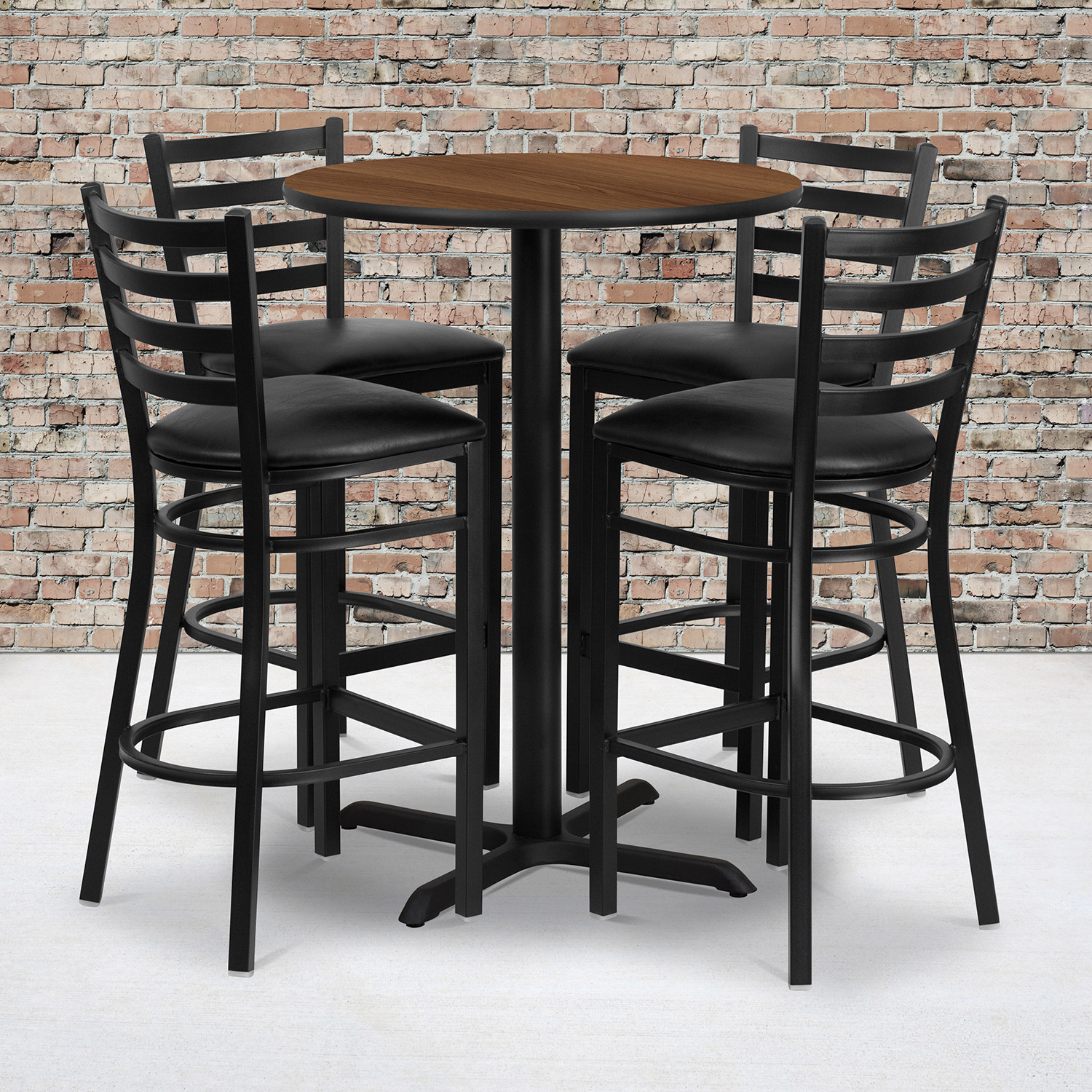 BLNK Carlton Round Laminate Table Set with X-Base and 4 Ladder Back Metal Bar Stools with Black Vinyl Seat