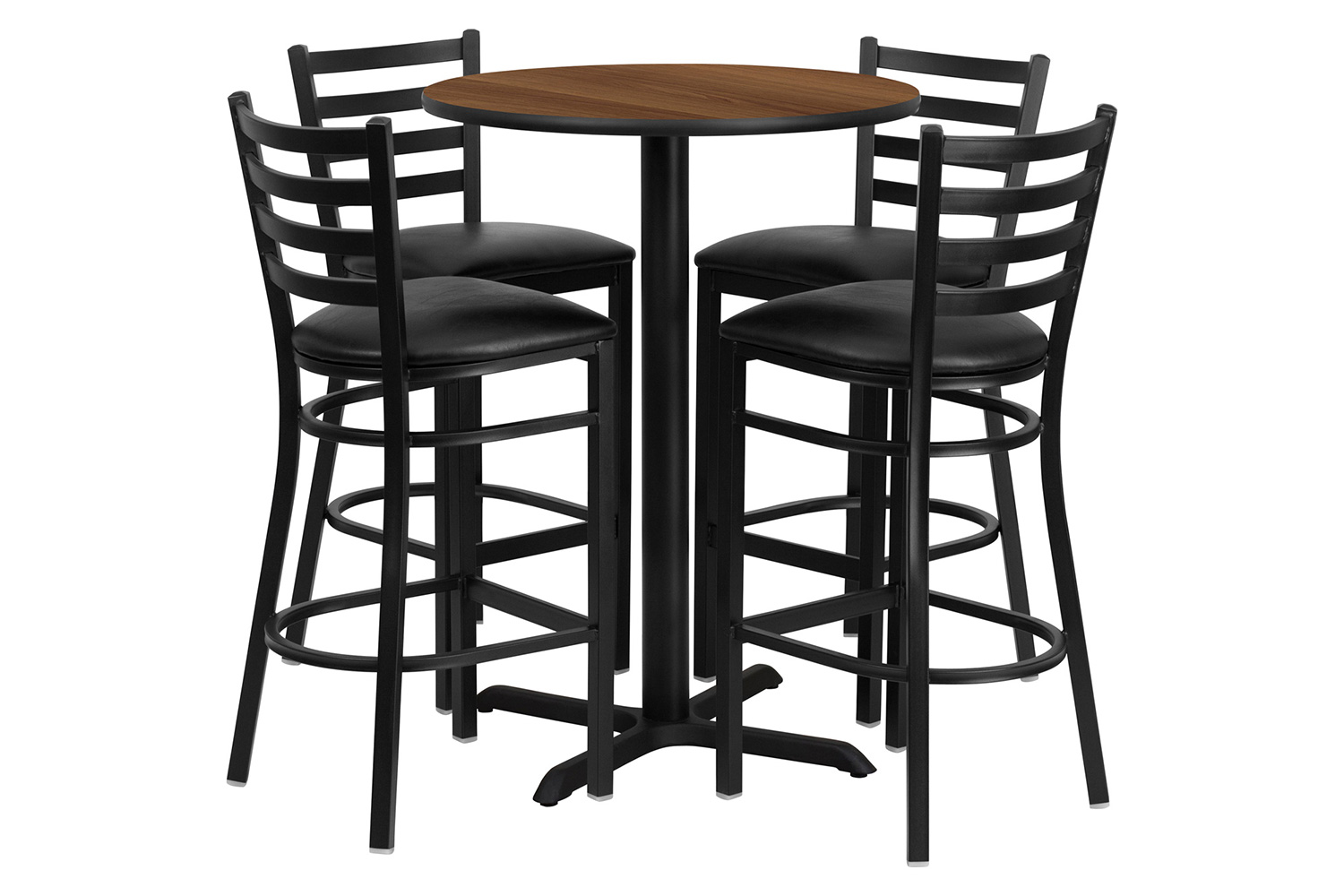 BLNK Carlton Round Laminate Table Set with X-Base and 4 Ladder Back Metal Bar Stools with Black Vinyl Seat - Walnut