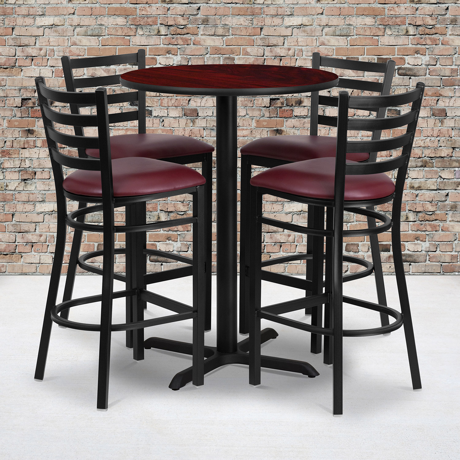 BLNK Carlton Round Laminate Table Set with X-Base and 4 Ladder Back Metal Bar Stools with Burgundy Vinyl Seat