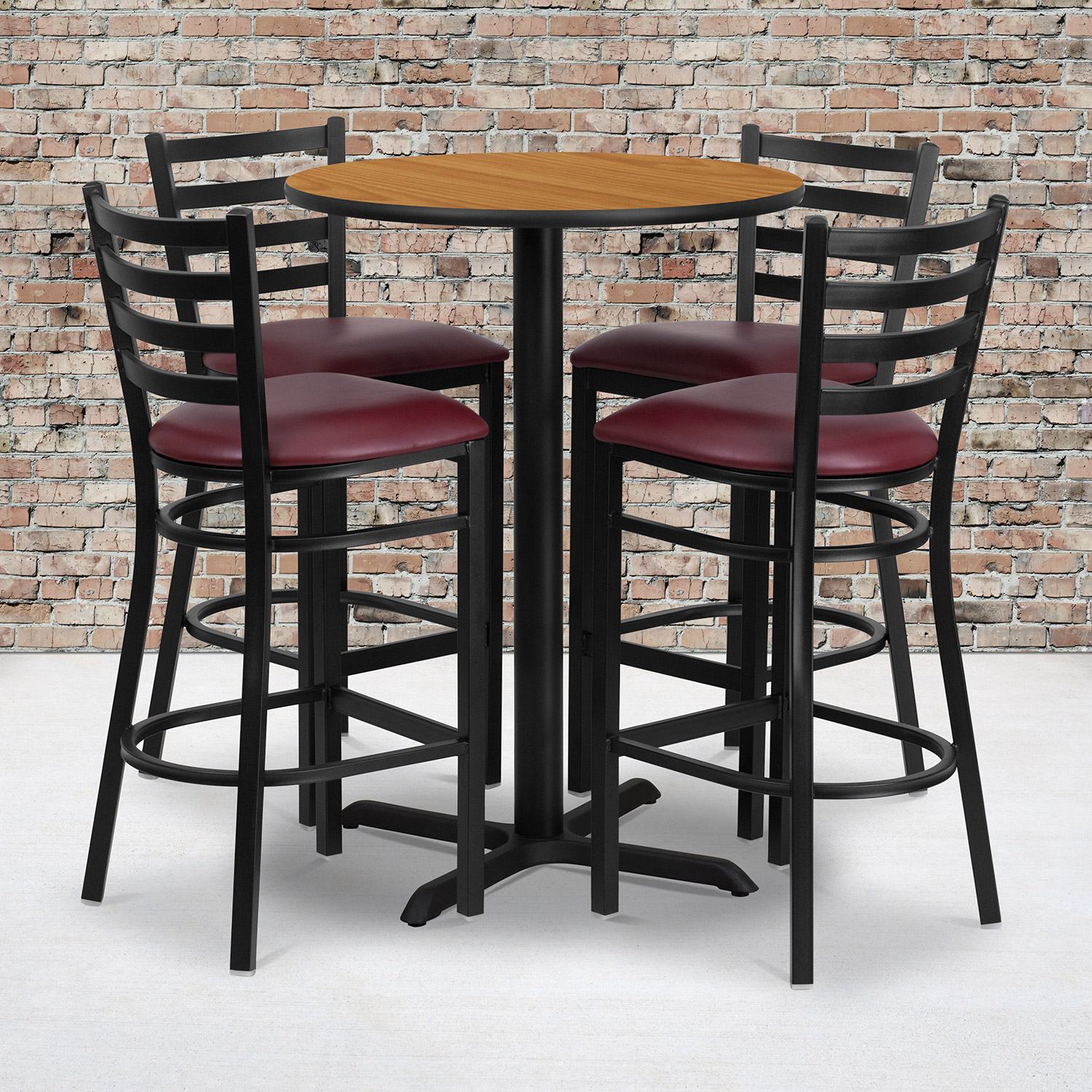 BLNK Carlton Round Laminate Table Set with X-Base and 4 Ladder Back Metal Bar Stools with Burgundy Vinyl Seat