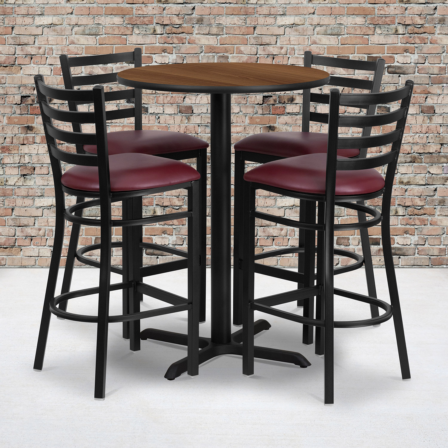 BLNK Carlton Round Laminate Table Set with X-Base and 4 Ladder Back Metal Bar Stools with Burgundy Vinyl Seat