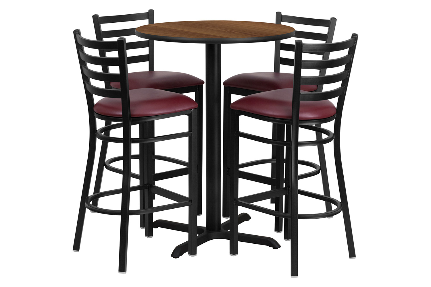 BLNK Carlton Round Laminate Table Set with X-Base and 4 Ladder Back Metal Bar Stools with Burgundy Vinyl Seat - Walnut