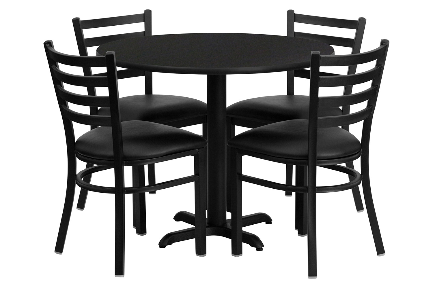 BLNK Carlton Round Black Laminate Table Set with X-Base and 4 Ladder Back Metal Chairs with Vinyl Seat