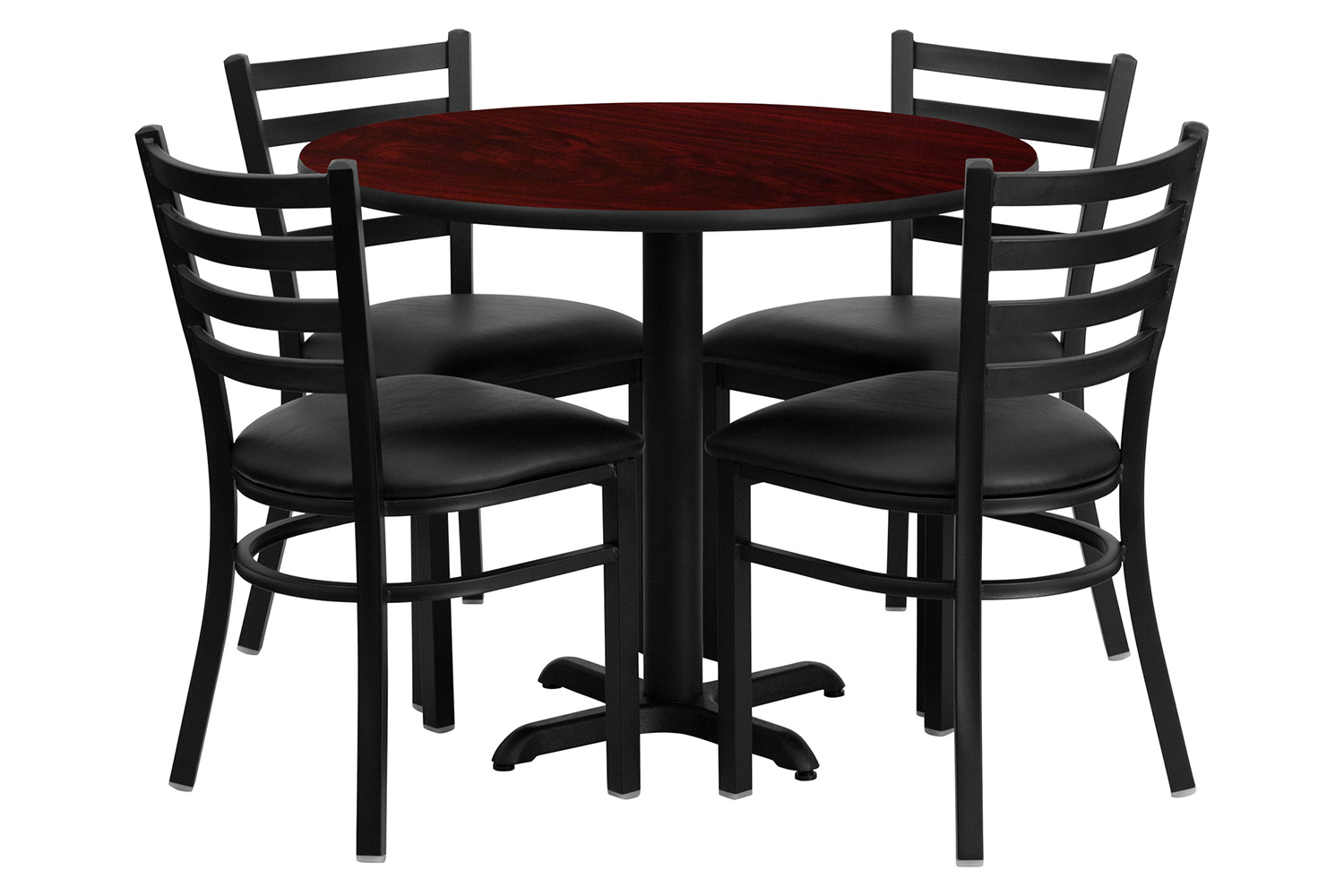 BLNK Carlton Round Mahogany Laminate Table Set with X-Base and 4 Ladder Back Metal Chairs with Vinyl Seat