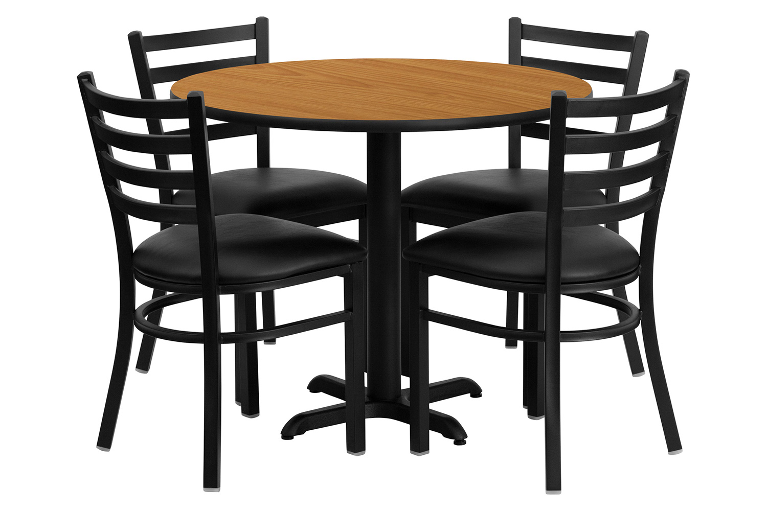 BLNK Carlton Round Natural Laminate Table Set with X-Base and 4 Ladder Back Metal Chairs with Vinyl Seat